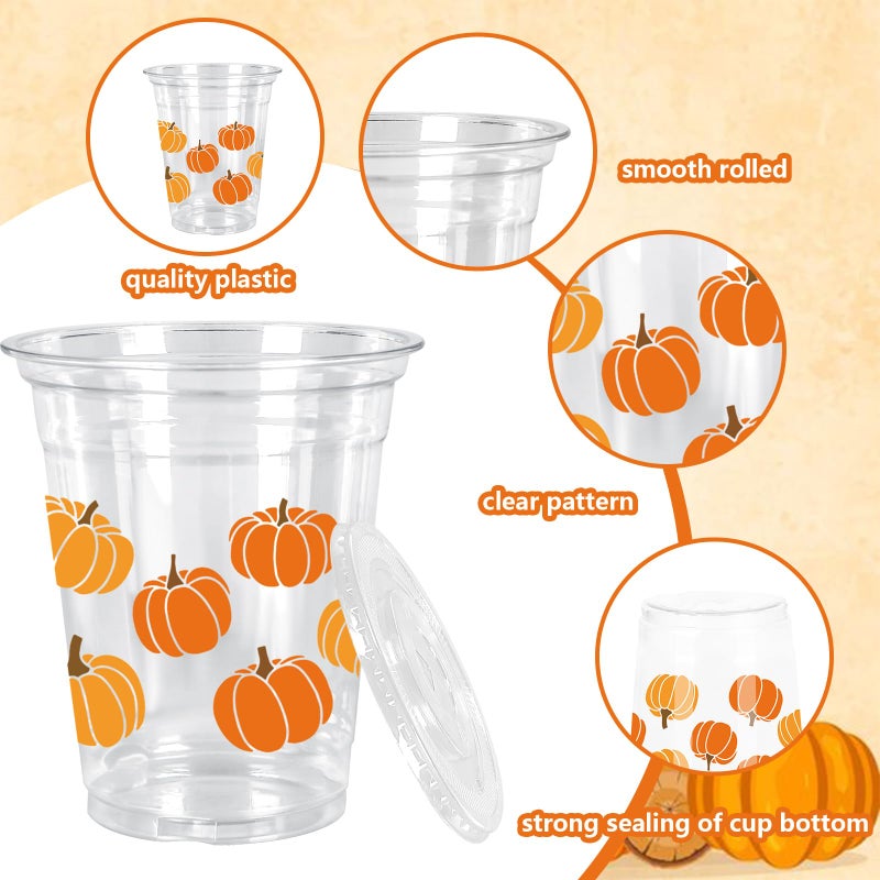 Whaline 50 Pcs Fall Plastic Cups with Lids and Straws Orange Pumpkin Clear Plastic Cups 12 Oz Pumpkin Disposable Cup for Autumn Thanksgiving Party Supplies - Image 3